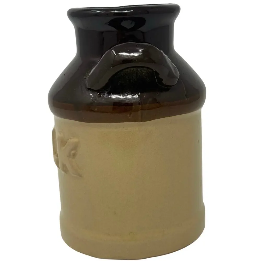 Vintage 70s Stoneware Milk Jug Brown Tan Glaze Rustic Farmhouse Decor